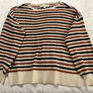 LOFT Women's Striped Sweater in Black, Burnt Orange, and Cream